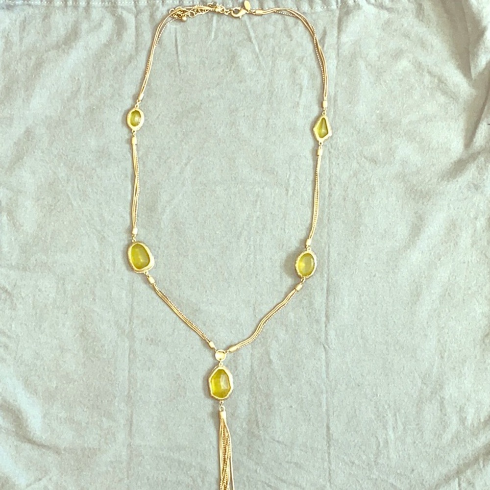Long green stone pendant necklace with tassel